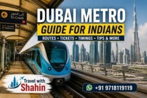 Dubai Metro Guide for Indians showing Dubai Metro train and Burj Khalifa skyline