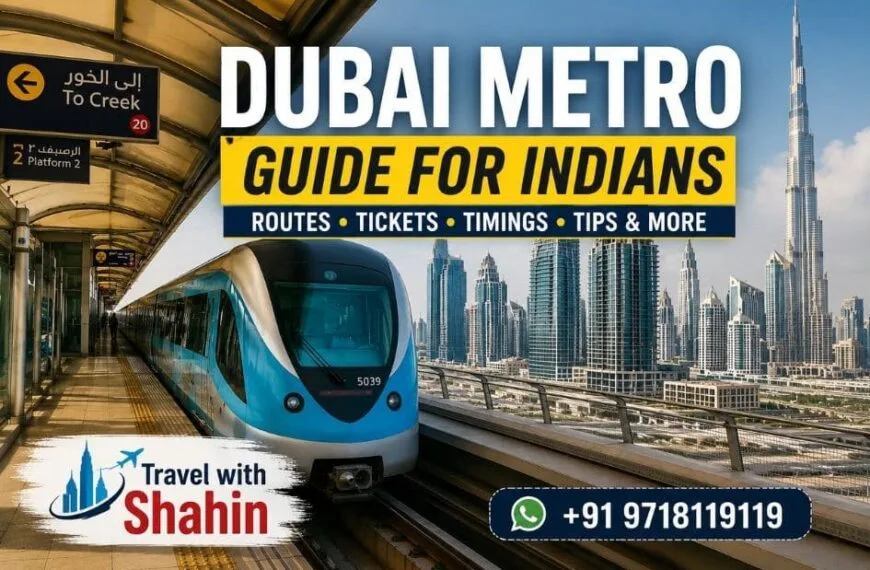 Dubai Metro Guide for Indians showing Dubai Metro train and Burj Khalifa skyline