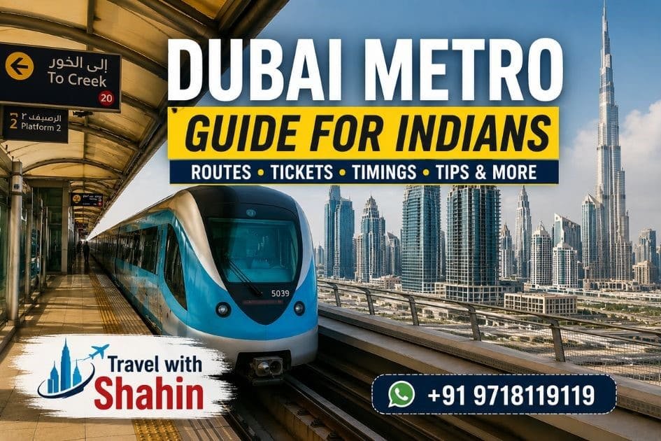 Dubai Metro Guide for Indians showing Dubai Metro train and Burj Khalifa skyline