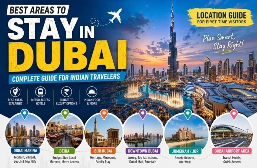 Best Areas to Stay in Dubai map showing Marina, Deira, Bur Dubai, and Metro-connected hotel locations