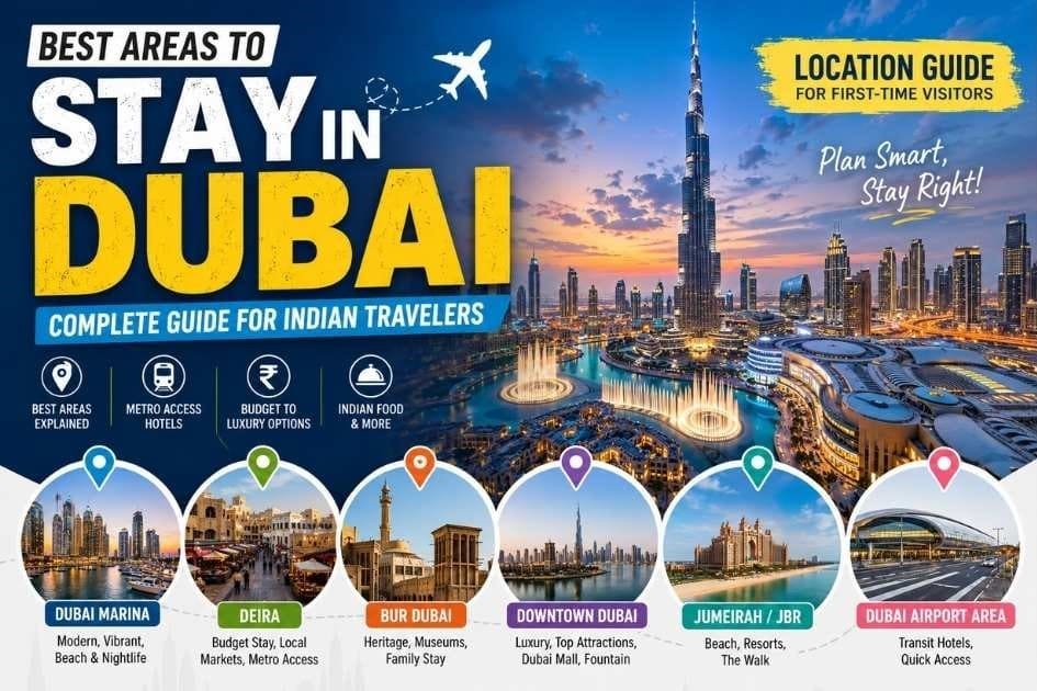 Best Areas to Stay in Dubai map showing Marina, Deira, Bur Dubai, and Metro-connected hotel locations