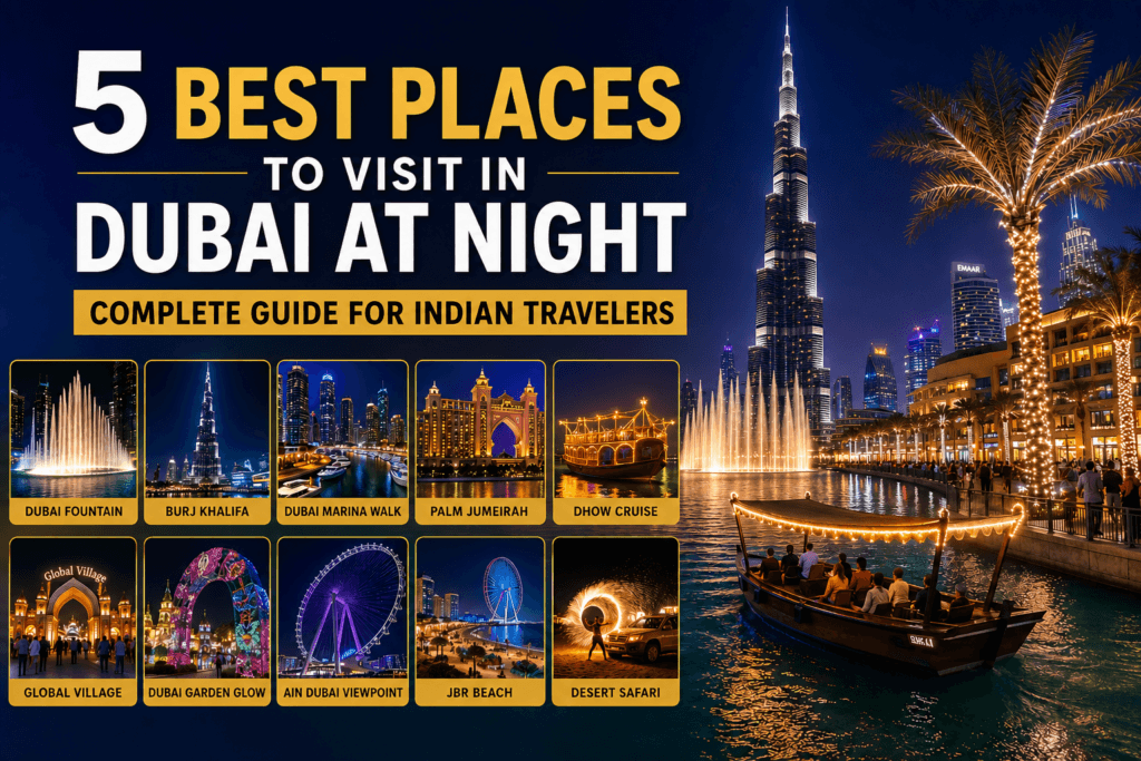Top 5 Dubai Night Places featuring Burj Khalifa, Dubai Fountain, Marina Walk, Palm Jumeirah and Dhow Cruise at night