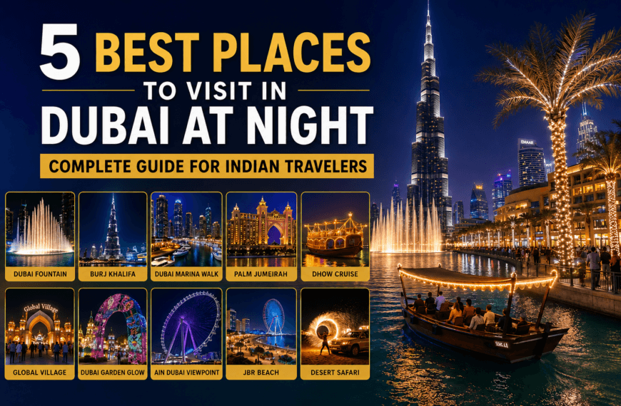 Top 5 Dubai Night Places featuring Burj Khalifa, Dubai Fountain, Marina Walk, Palm Jumeirah and Dhow Cruise at night