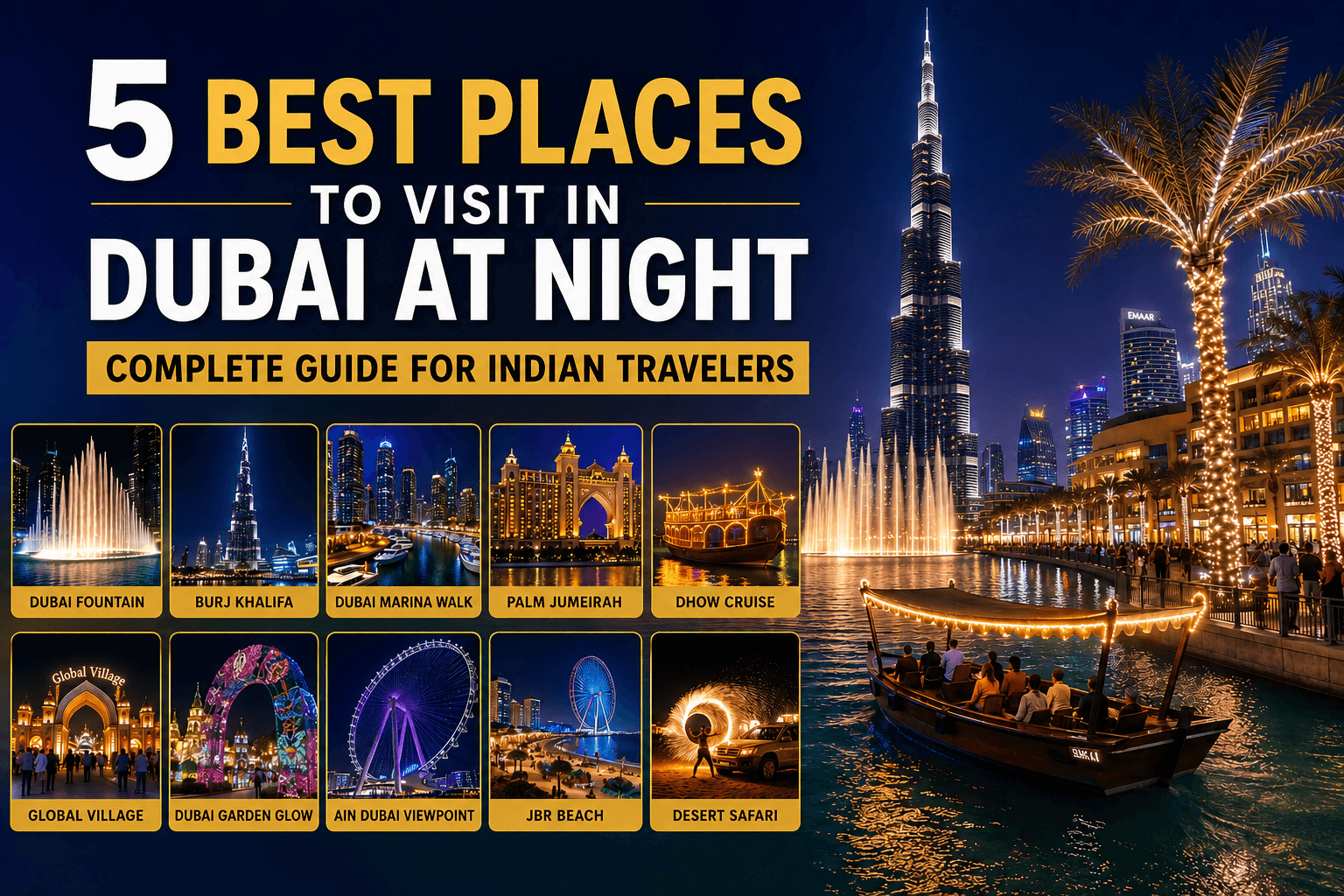 Top 5 Dubai Night Places featuring Burj Khalifa, Dubai Fountain, Marina Walk, Palm Jumeirah and Dhow Cruise at night