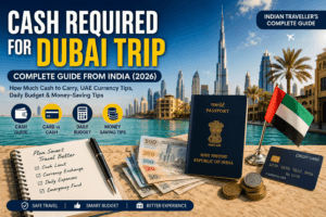 Cash Required for Dubai Trip with UAE Dirham, Indian Passport, Credit Card and Dubai Skyline