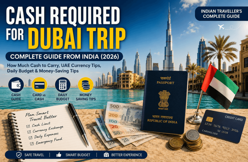Cash Required for Dubai Trip with UAE Dirham, Indian Passport, Credit Card and Dubai Skyline