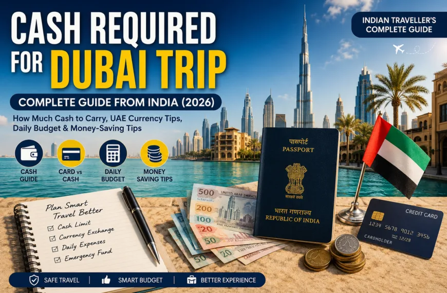 Cash Required for Dubai Trip with UAE Dirham, Indian Passport, Credit Card and Dubai Skyline