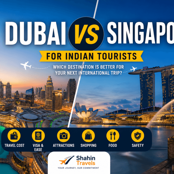 Dubai vs Singapore comparison for Indian tourists including travel cost, visa, shopping, attractions, food, and safety.