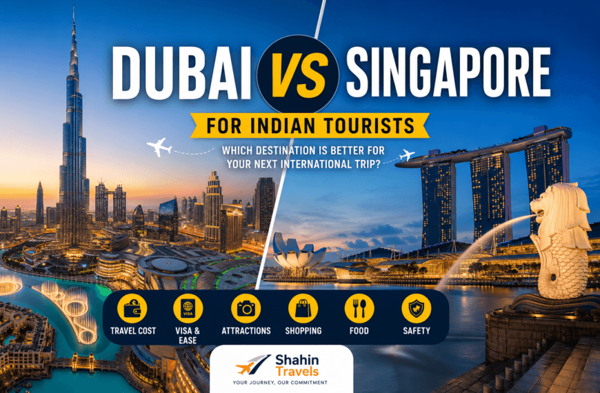 Dubai vs Singapore comparison for Indian tourists including travel cost, visa, shopping, attractions, food, and safety.