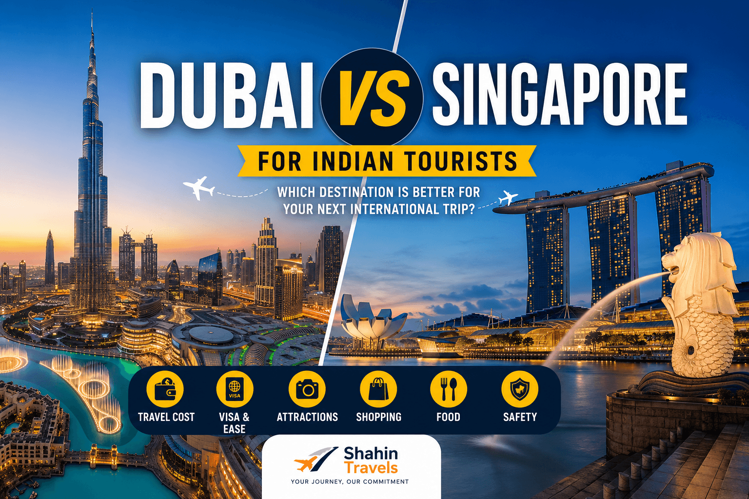 Dubai vs Singapore comparison for Indian tourists including travel cost, visa, shopping, attractions, food, and safety.