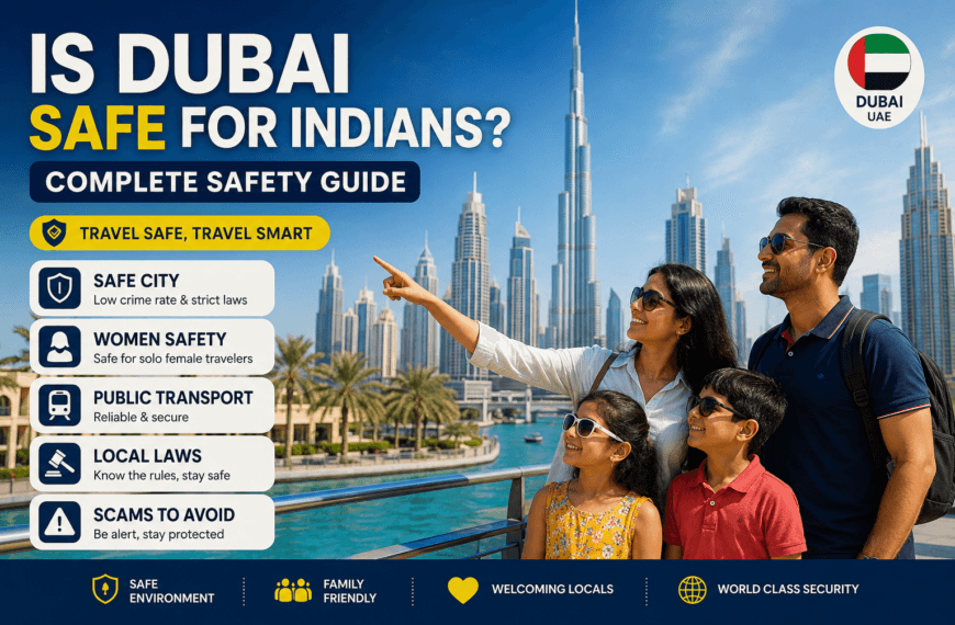Indian family enjoying a safe trip in Dubai with the Burj Khalifa skyline.