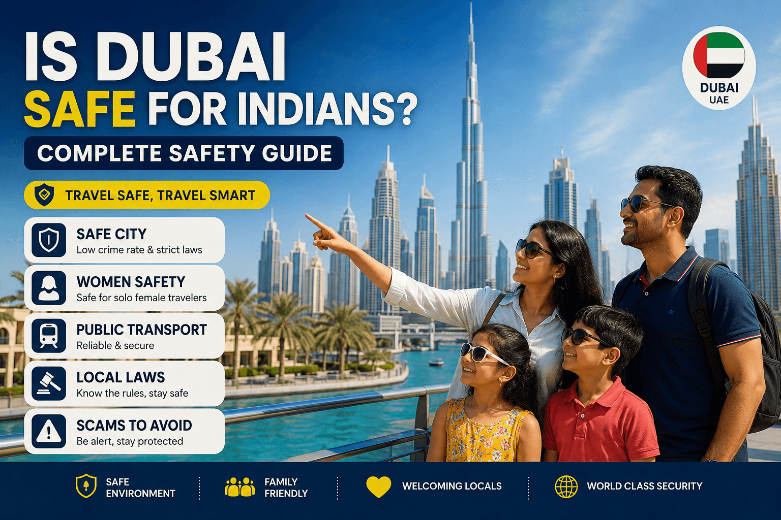 Indian family enjoying a safe trip in Dubai with the Burj Khalifa skyline.