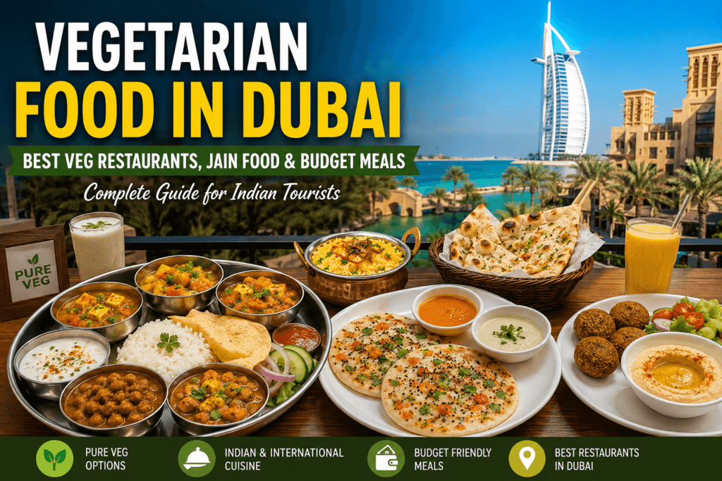 Vegetarian Food in Dubai with Indian dishes and Dubai skyline