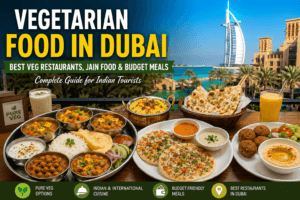 Vegetarian Food in Dubai with Indian dishes and Dubai skyline