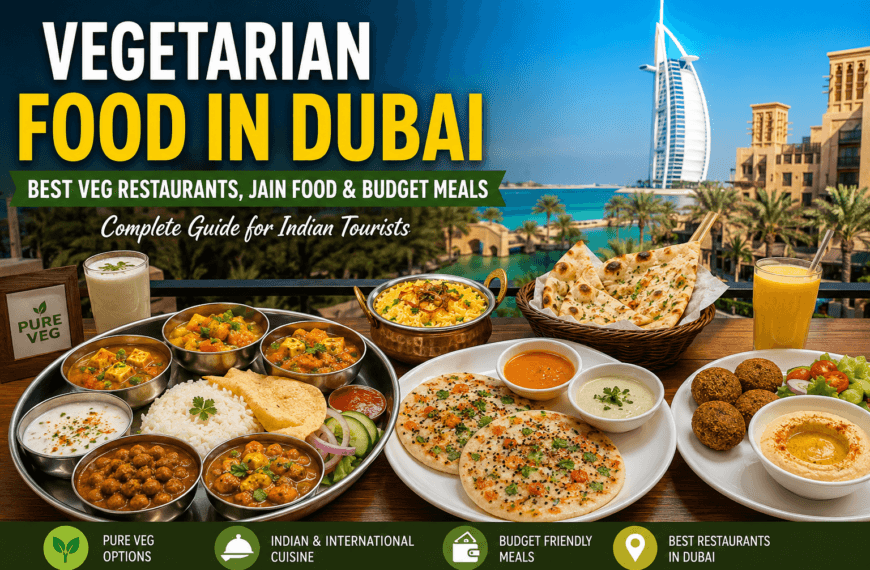 Vegetarian Food in Dubai with Indian dishes and Dubai skyline